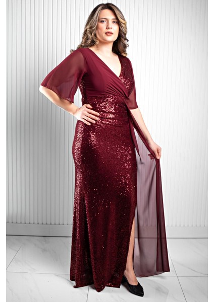 Pul Payetli Şifon Abiye Elbise Bordo MDV364 modelleri