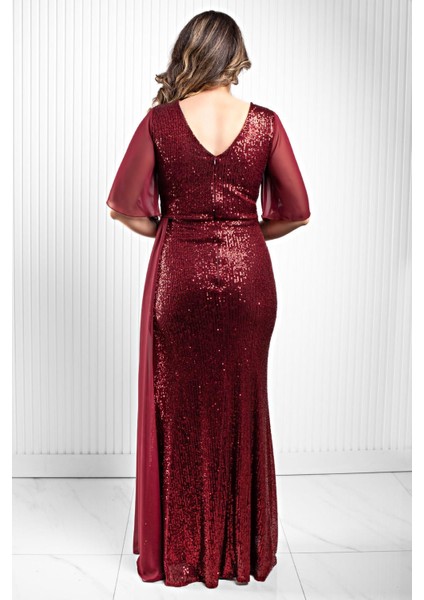 Pul Payetli Şifon Abiye Elbise Bordo MDV364 indirimleri