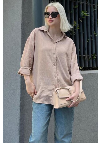 Bej Uzun Kollu Çizgili Oversize Gömlek MG2080