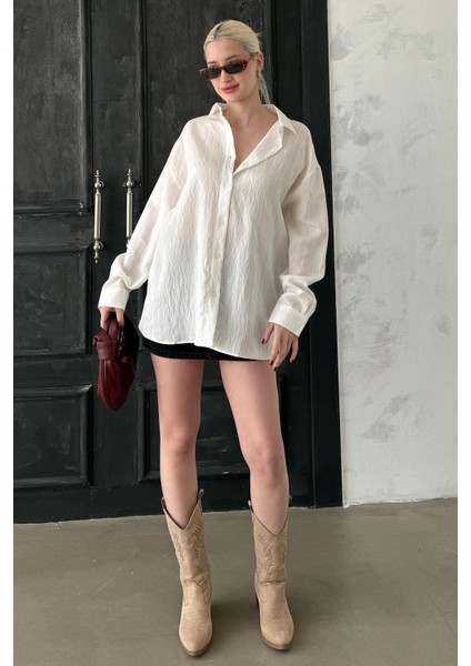 Beyaz Uzun Kollu Çizgili Oversize Gömlek MG2080 fiyatları