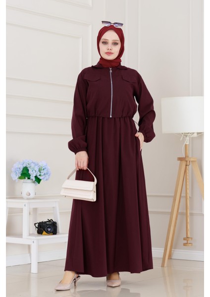 Fermuarlı Cepkenli Jile Elbise-Bordo