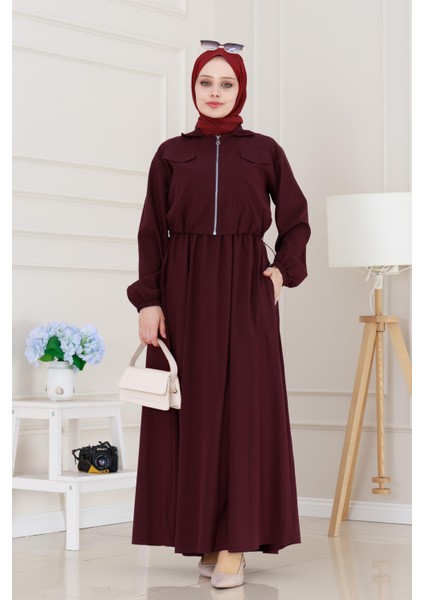 Fermuarlı Cepkenli Jile Elbise-Bordo modelleri