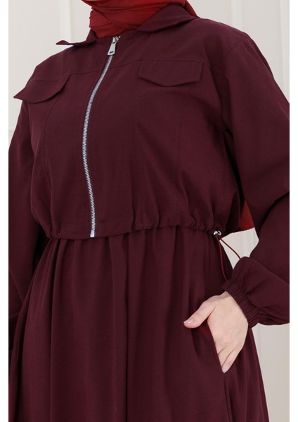 Fermuarlı Cepkenli Jile Elbise-Bordo fırsatları