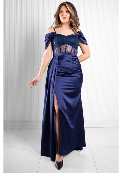 Pul Payet Detaylı Saten Abiye Lacivert MDV374