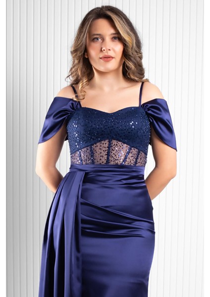 Pul Payet Detaylı Saten Abiye Lacivert MDV374 fırsatları