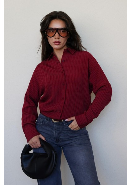 Bordo Uzun Kollu Çizgili Oversize Gömlek MG2080