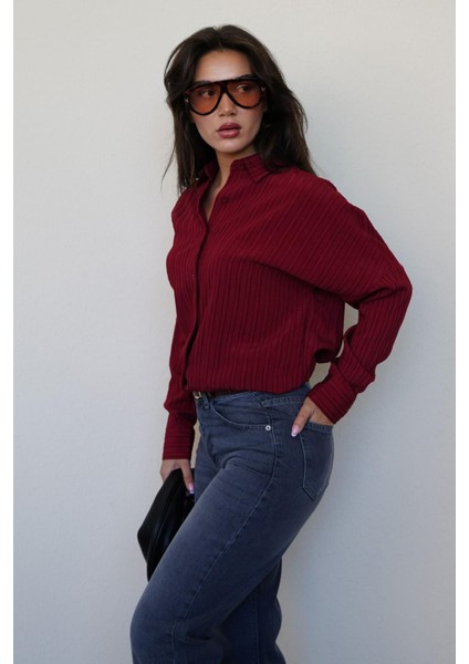 Bordo Uzun Kollu Çizgili Oversize Gömlek MG2080 fiyatları