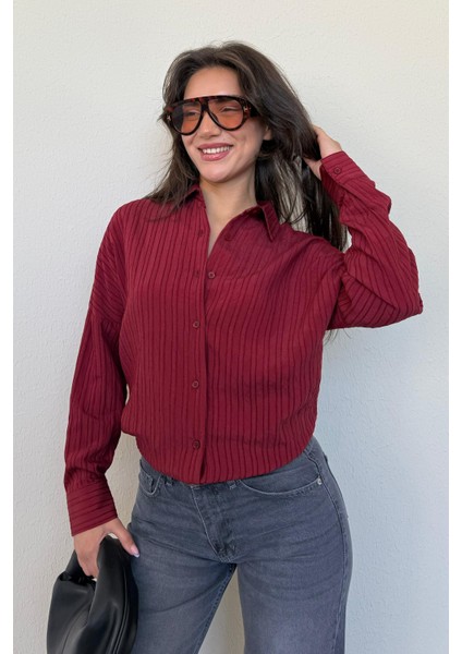 Bordo Uzun Kollu Çizgili Oversize Gömlek MG2080 modelleri