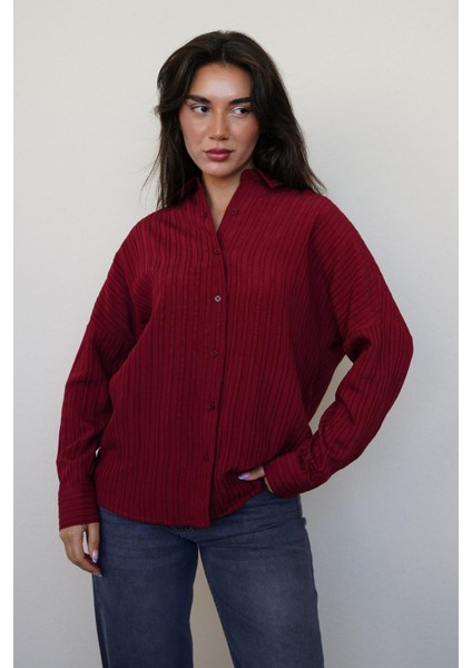 Bordo Uzun Kollu Çizgili Oversize Gömlek MG2080 fırsatları