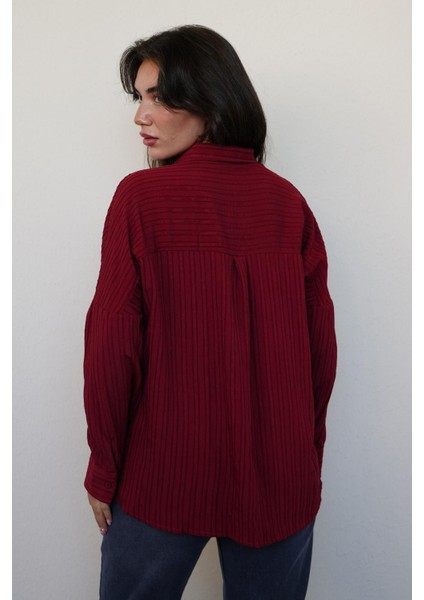 Bordo Uzun Kollu Çizgili Oversize Gömlek MG2080 indirimleri