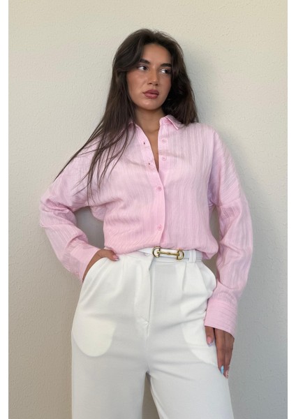 Pembe Uzun Kollu Çizgili Oversize Gömlek MG2080
