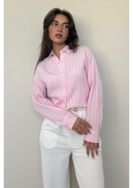 Pembe Uzun Kollu Çizgili Oversize Gömlek MG2080 modelleri