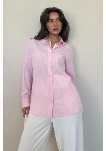 Pembe Uzun Kollu Çizgili Oversize Gömlek MG2080 fırsatları