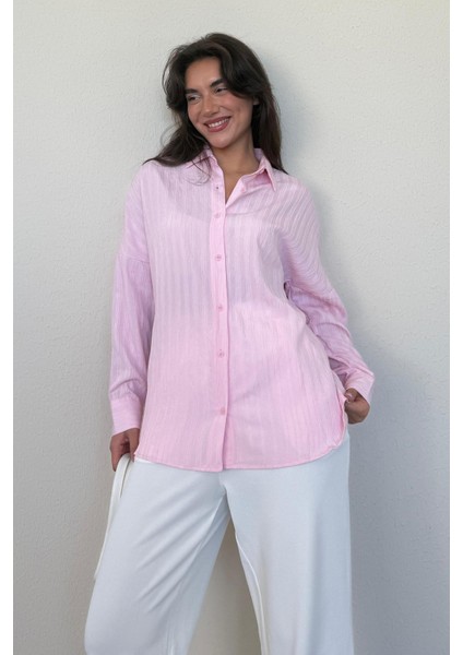 Pembe Uzun Kollu Çizgili Oversize Gömlek MG2080 indirimleri