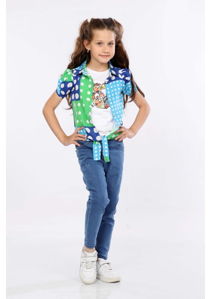 Puantiye Baskılı Alttan Bağlamalı Renkli Gömlek, Tişört ve Kot Pantolon 3 Lü Takım MRN2405