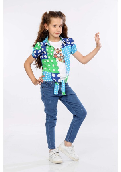 Puantiye Baskılı Alttan Bağlamalı Renkli Gömlek, Tişört ve Kot Pantolon 3 Lü Takım MRN2405 fiyatları