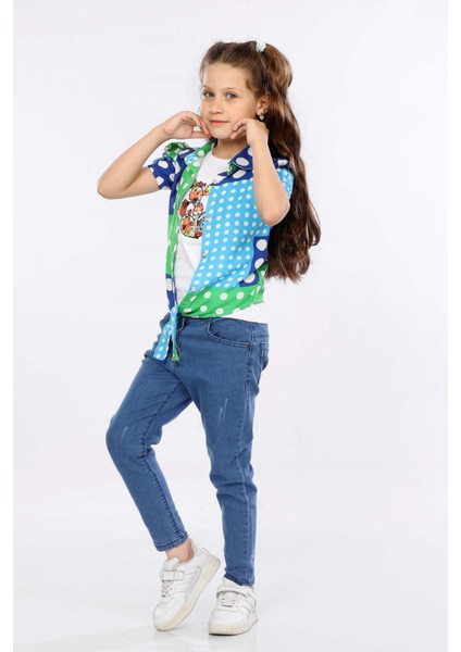 Puantiye Baskılı Alttan Bağlamalı Renkli Gömlek, Tişört ve Kot Pantolon 3 Lü Takım MRN2405 modelleri