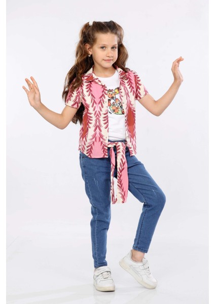 Yaprak Desen Baskılı Renkli Gömlek, Tişört ve Kot Pantolon 3 Lü Takım MRN2412