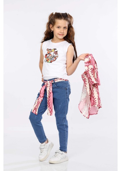 Yaprak Desen Baskılı Renkli Gömlek, Tişört ve Kot Pantolon 3 Lü Takım MRN2412 modelleri