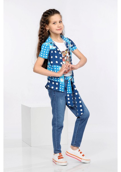 Puantiye Baskılı Renkli Gömlek, Tişört ve Kot Pantolon 3 Lü Takım MRN2406