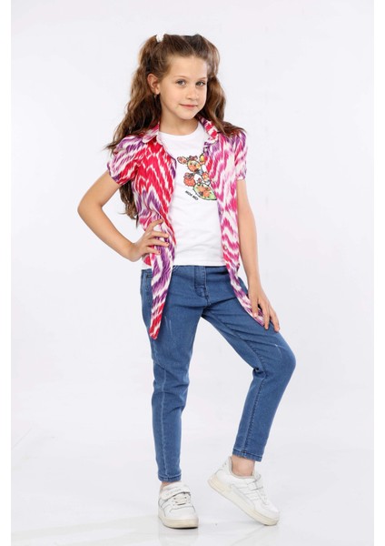 Dalga Desen Baskılı Alttan Bağlamalı Renkli Gömlek, Tişört ve Kot Pantolon 3 Lü Takım MRN2407