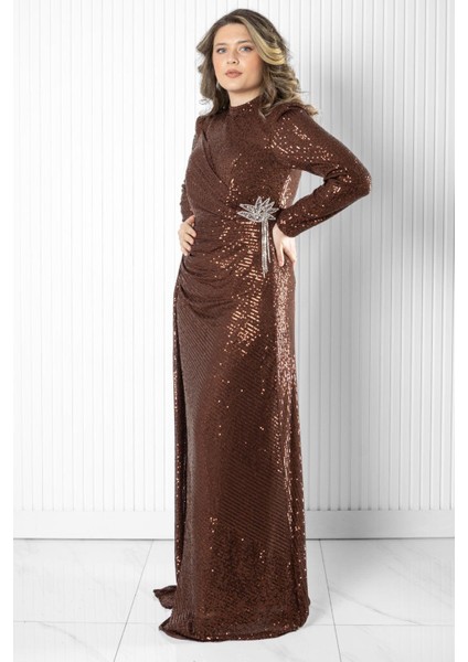 Pul Payetli Abiye Elbise Kahve MDA2524 modelleri