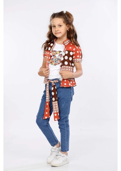 Puantiye Baskılı Renkli Gömlek, Tişört ve Kot Pantolon 3 Lü Takım MRN2406