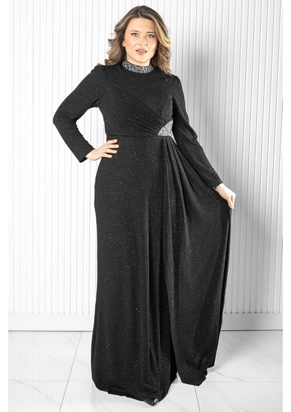 Taş Baskı Detay Simli Abiye Siyah MDA2523