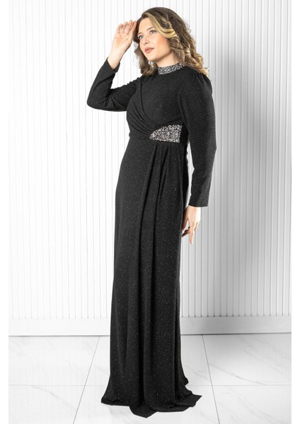 Taş Baskı Detay Simli Abiye Siyah MDA2523 fiyatları