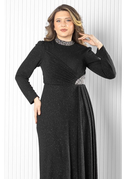 Taş Baskı Detay Simli Abiye Siyah MDA2523 fırsatları