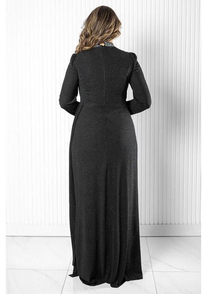 Taş Baskı Detay Simli Abiye Siyah MDA2523 indirimleri