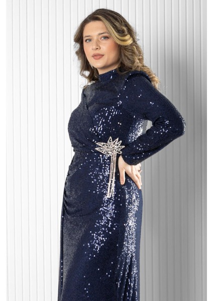 Pul Payetli Abiye Elbise Lacivert MDA2524