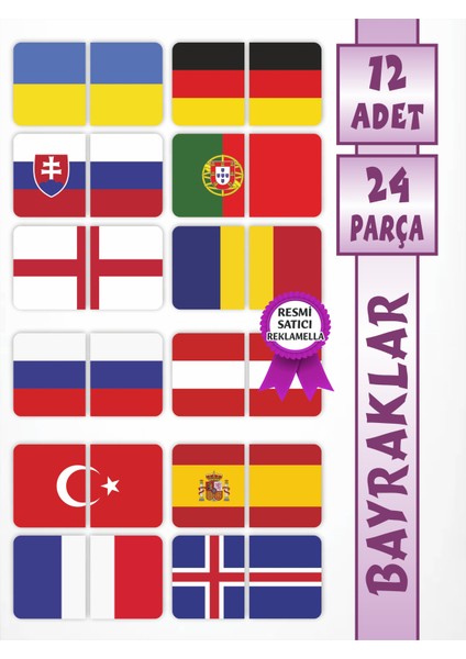 Bayraklar Puzzle Magnet Seti 12 Adet, 24 Parça Dikkat Geliştiren Zeka Oyunu, Çocuk Oyalayan Oyuncak