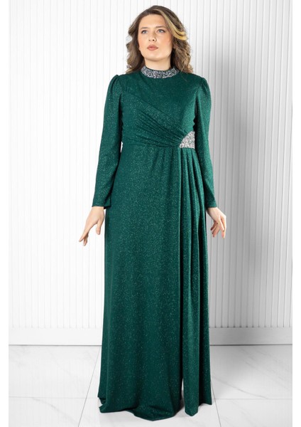 Taş Baskı Detay Simli Abiye Yeşil MDA2523