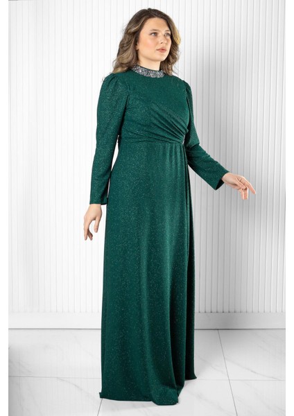 Taş Baskı Detay Simli Abiye Yeşil MDA2523 modelleri