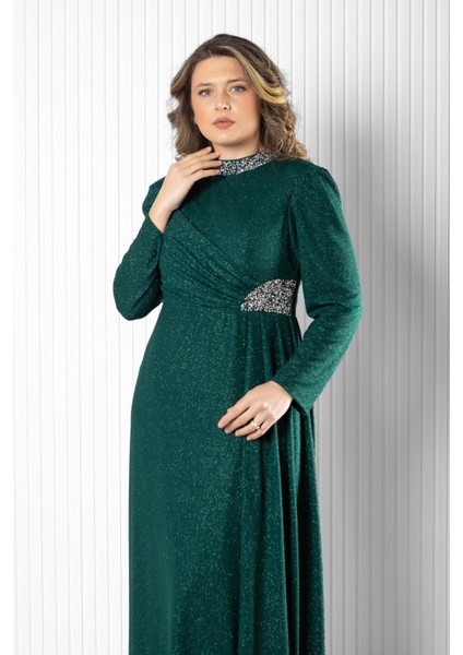 Taş Baskı Detay Simli Abiye Yeşil MDA2523 fırsatları