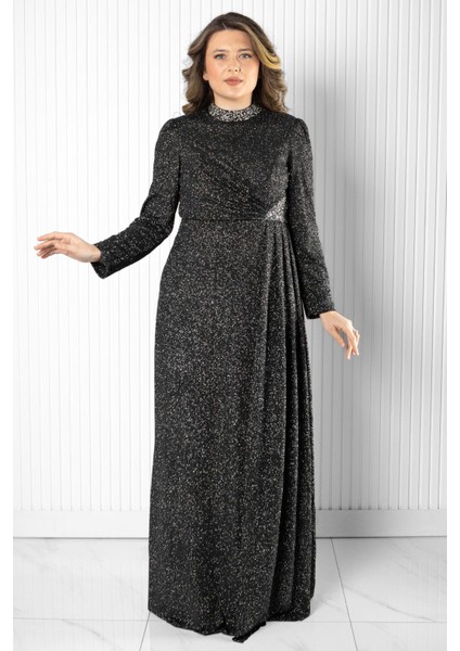 Taş Baskı Detay Simli Abiye Gümüş MDA2523