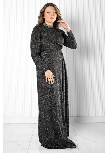 Taş Baskı Detay Simli Abiye Gümüş MDA2523 modelleri