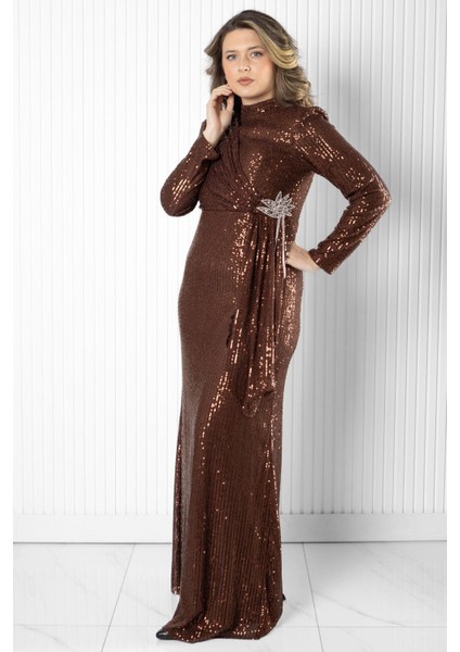 Pul Payetli Abiye Elbise Kahve MDA2530