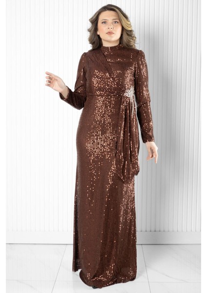 Pul Payetli Abiye Elbise Kahve MDA2530 modelleri