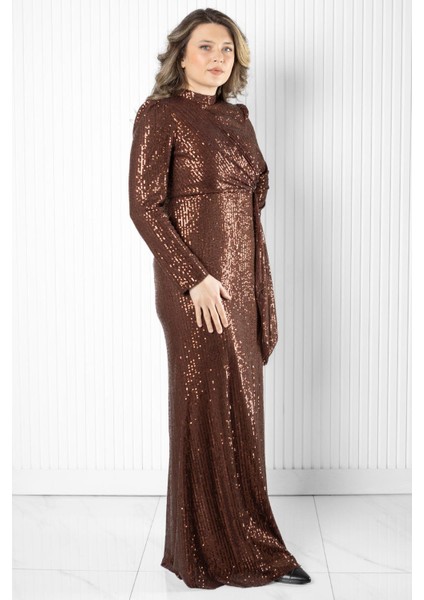 Pul Payetli Abiye Elbise Kahve MDA2530 fırsatları