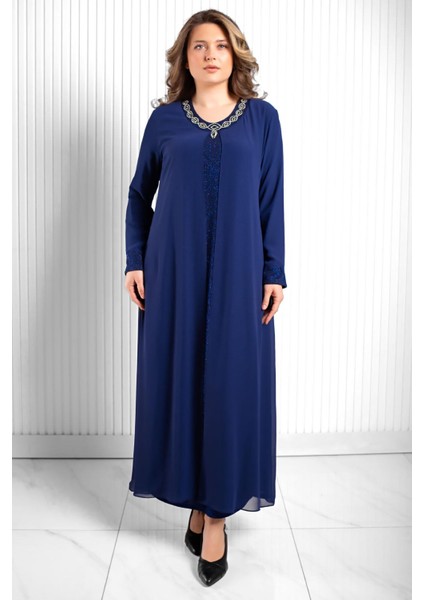 Taş Baskı Detaylı Şifon Abiye Lacivert MDA2520