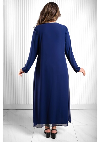 Taş Baskı Detaylı Şifon Abiye Lacivert MDA2520 indirimleri