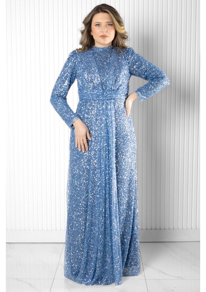 Pul Payet Detaylı Abiye Elbise Indigo MDA2526