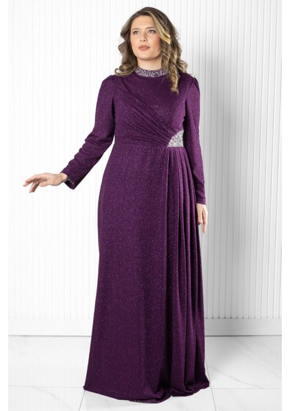 Taş Baskı Detay Simli Abiye Mürdüm MDA2523