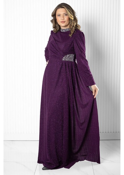 Taş Baskı Detay Simli Abiye Mürdüm MDA2523 fiyatları