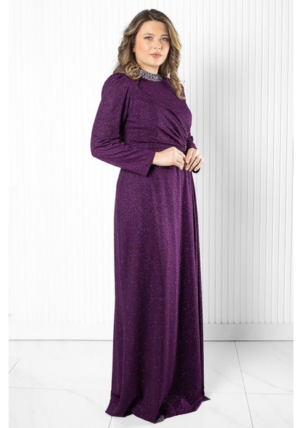 Taş Baskı Detay Simli Abiye Mürdüm MDA2523 modelleri