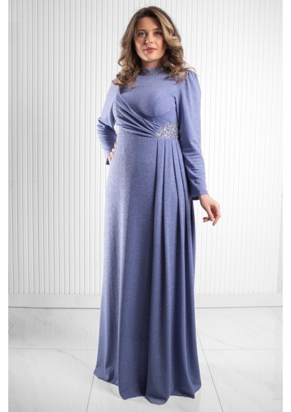 Taş Baskı Detay Simli Abiye Indigo MDA2523