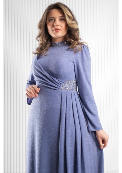 Taş Baskı Detay Simli Abiye Indigo MDA2523 fiyatları