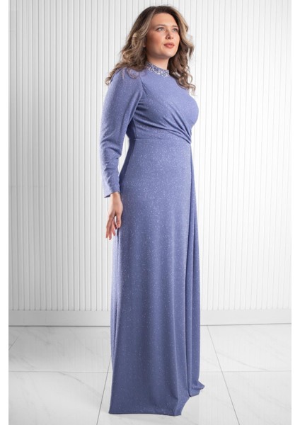 Taş Baskı Detay Simli Abiye Indigo MDA2523 modelleri